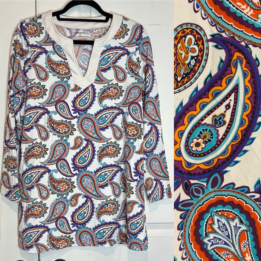 Lands' End Split Neck Multi Paisley Long Sleeve Swim Tunic M/L 10-12